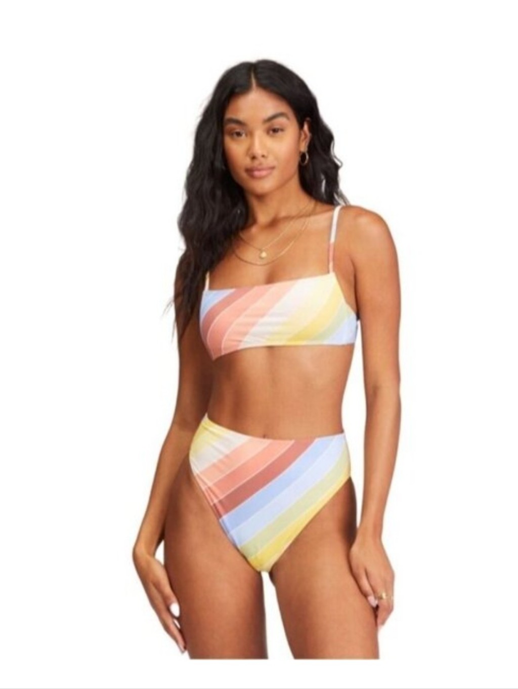 Billabong Bikini Brighter Daze Square Ruched Bralette Top Rise Bottoms Set Med